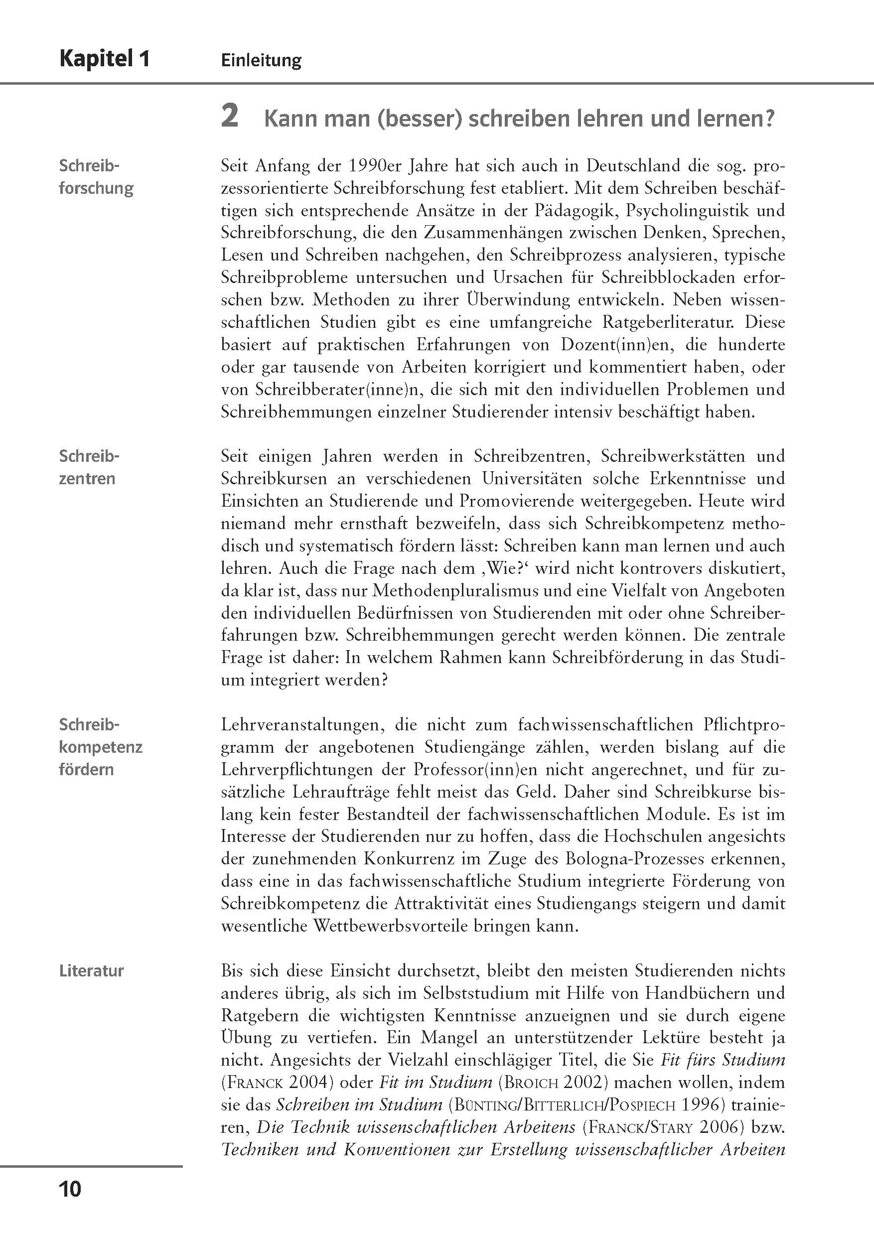 Eine Lehrbuchseite auf Deutsch mit dem Titel Kann man (besser) schreiben lehren und lernen? mit Abschnitten über Schreibforschung, Schreibzentren und Schreibkompetenz. Die Seitenzahl 10 befindet sich am Ende der Seite.