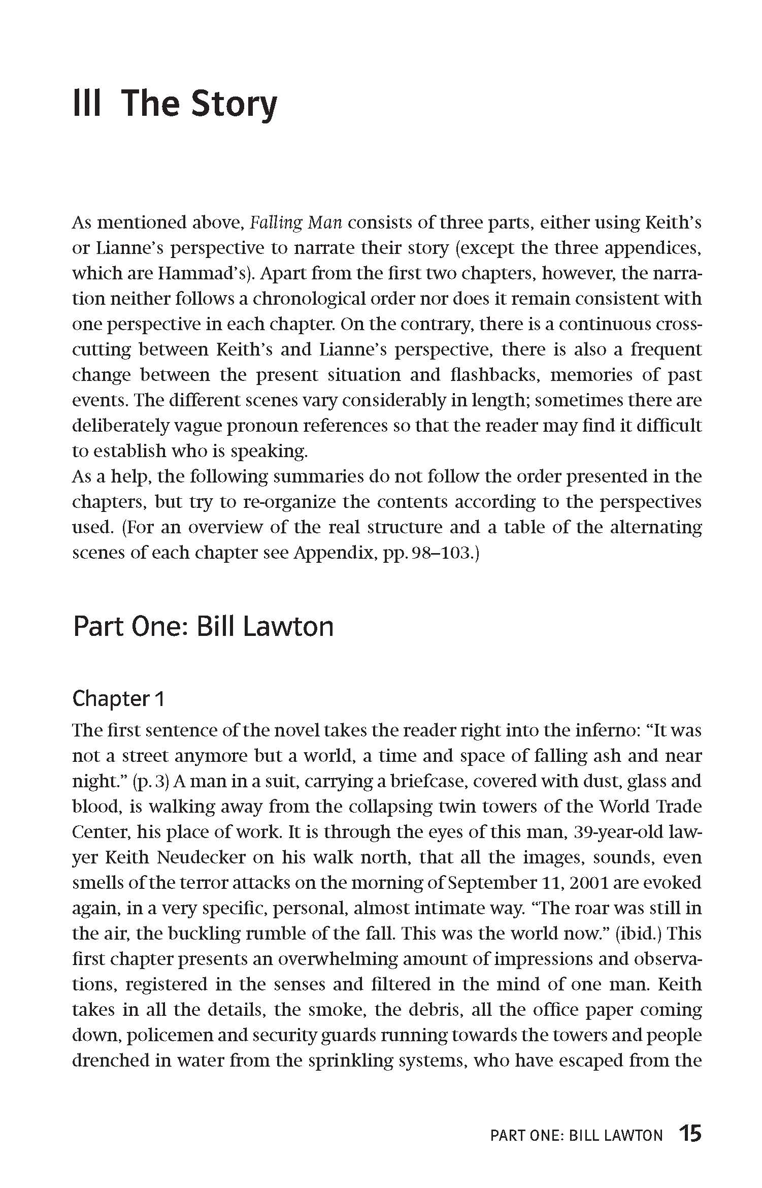 Eine Buchseite mit dem Titel III Die Geschichte beschreibt die Struktur des Buches Falling Man und beginnt mit dem ersten Teil: Bill Lawton, in dem die Ereignisse des ersten Kapitels und die Erzählperspektive beschrieben werden.