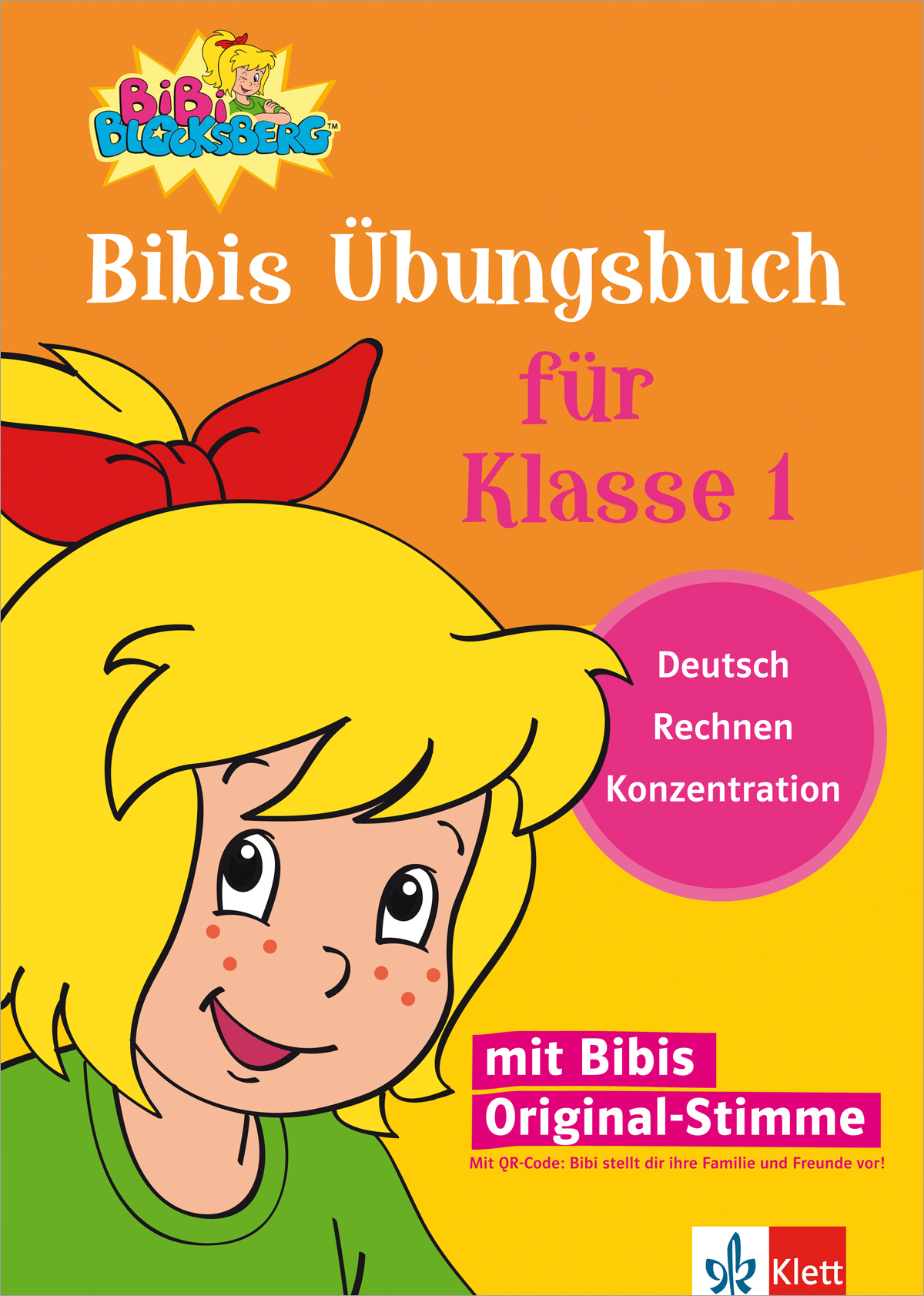 Umschlag von Bibis Übungsbuch für Klasse 1 mit der Zeichentrickfigur Bibi Blocksberg, mit Text, der die Themen hervorhebt: Deutsch, Mathematik, Konzentration und Erwähnung von Bibis Originalstimme.