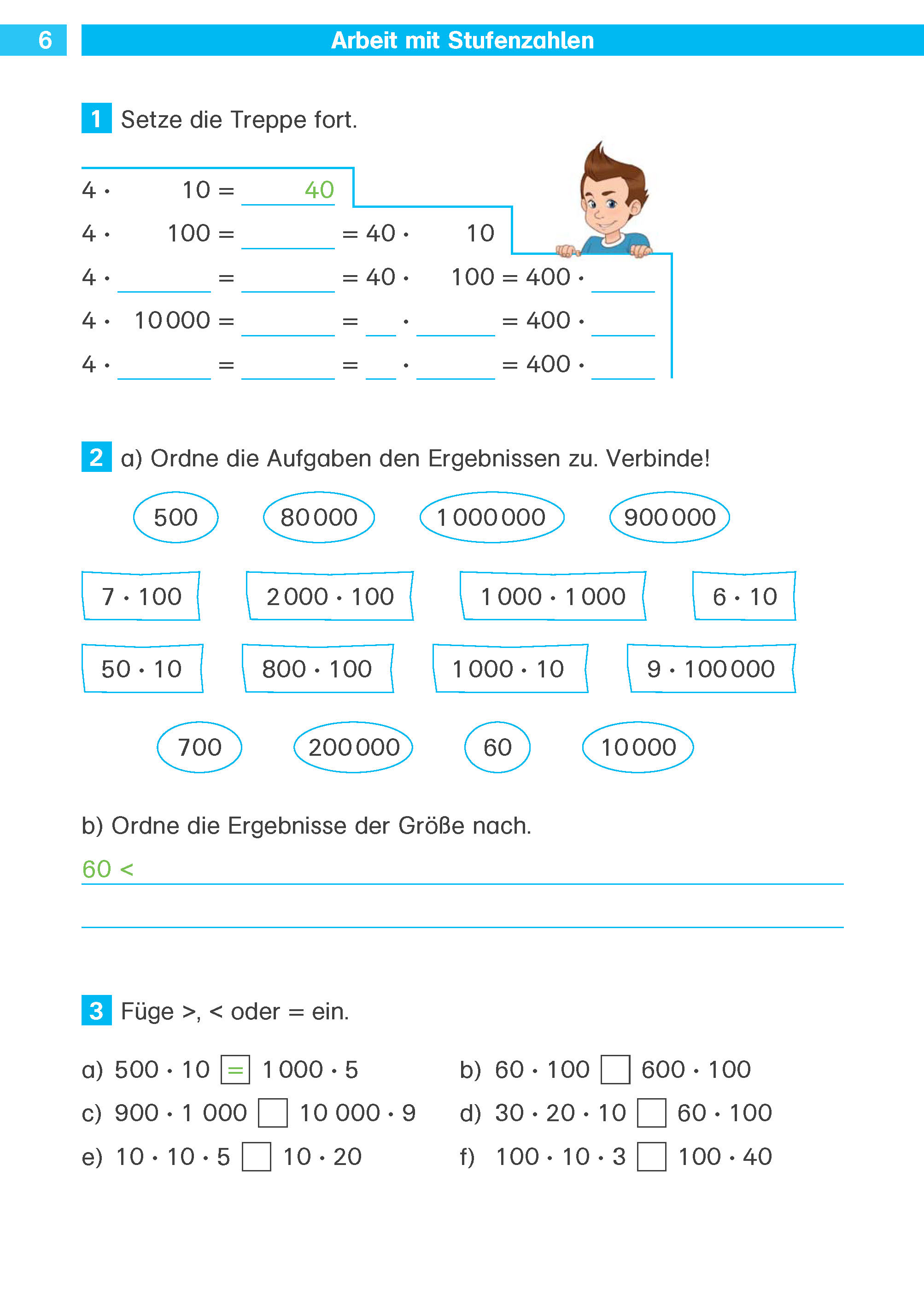 Klett Die Mathe-Helden: Rechnen bis 1 Million,  4. Klasse Ein deutsches Mathe-Arbeitsblatt für Kinder beinhaltet Schrittberechnungen, die Zuordnung von Zahlen zu Ergebnissen, das Sortieren von Zahlen nach Größe und den Vergleich von Zahlen mit größer oder kleiner als.