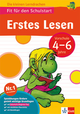 Buchumschlag mit einem grünen Drachen, der ein Buch liest, mit deutschem Text zur Leseförderung für Kinder im Vorschulalter (4-6 Jahre).