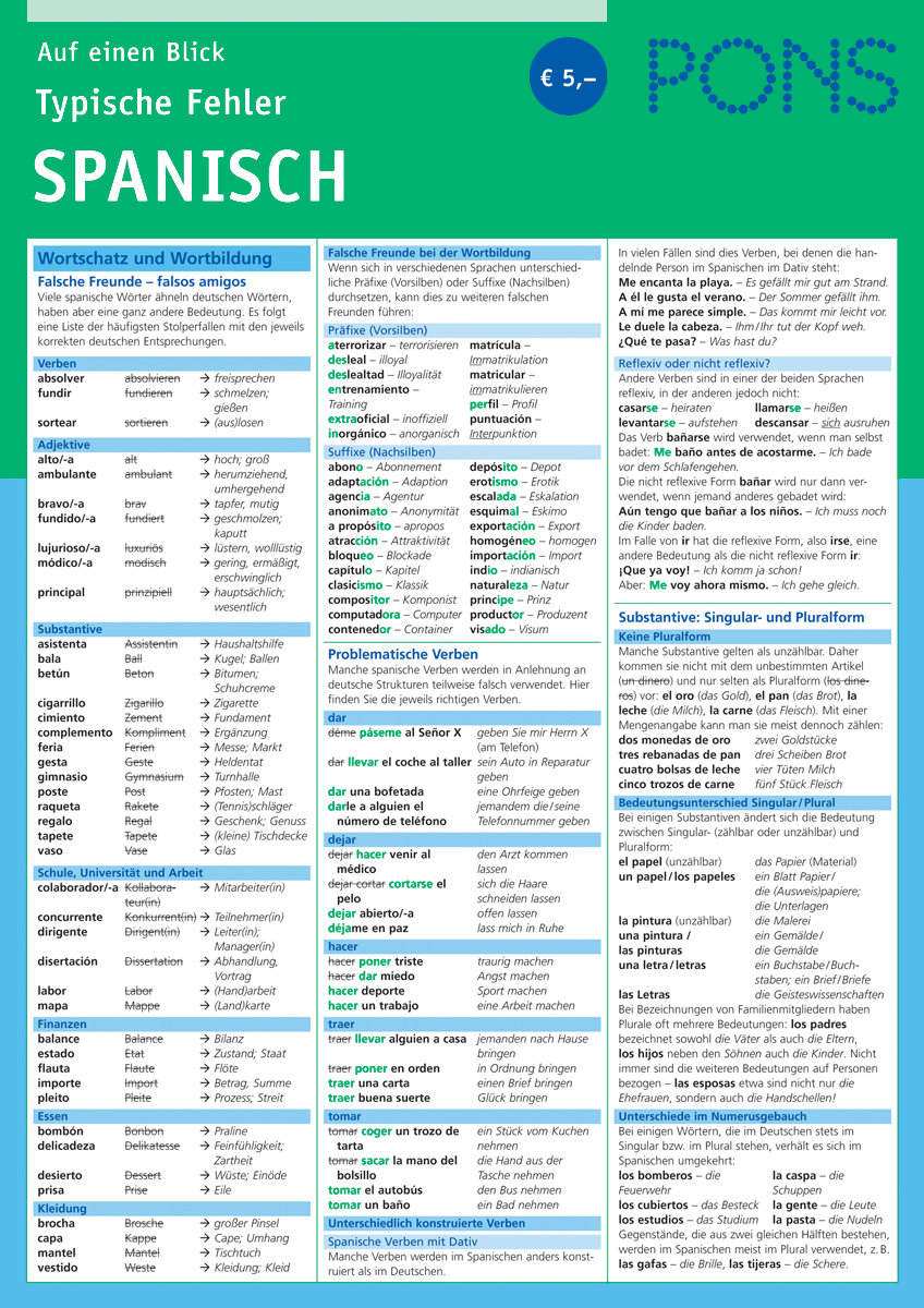 Ein Referenzblatt mit dem Titel Typische Fehler Spanisch von PONS, das häufige spanische Fehler, Vokabeln, falsche Freunde, problematische Verben und Grammatiktipps auf Deutsch und Spanisch auflistet.