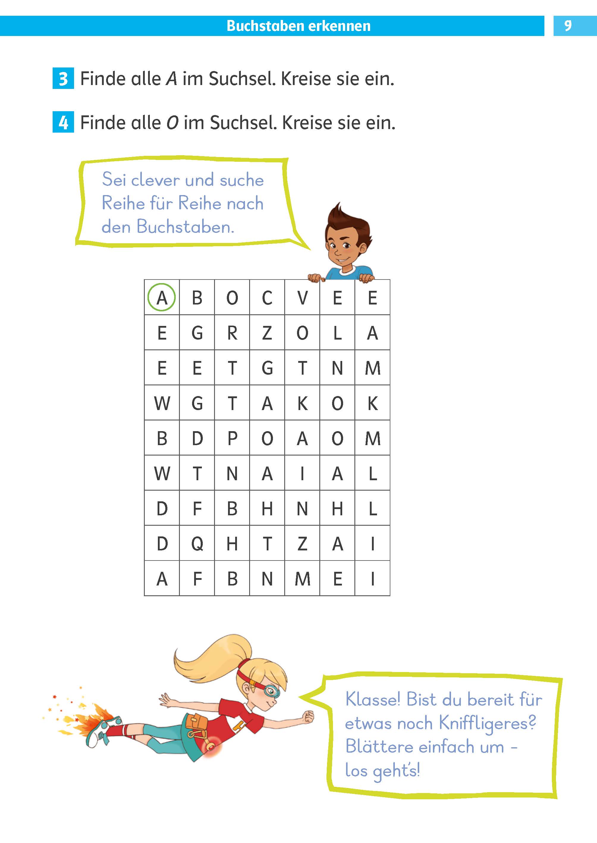 Eine deutsche Aktivitätsseite mit einem Buchstabensuchrätsel, einem Cartoon-Jungen und -Mädchen und der Anweisung, den Buchstaben A zu finden und einzukreisen.