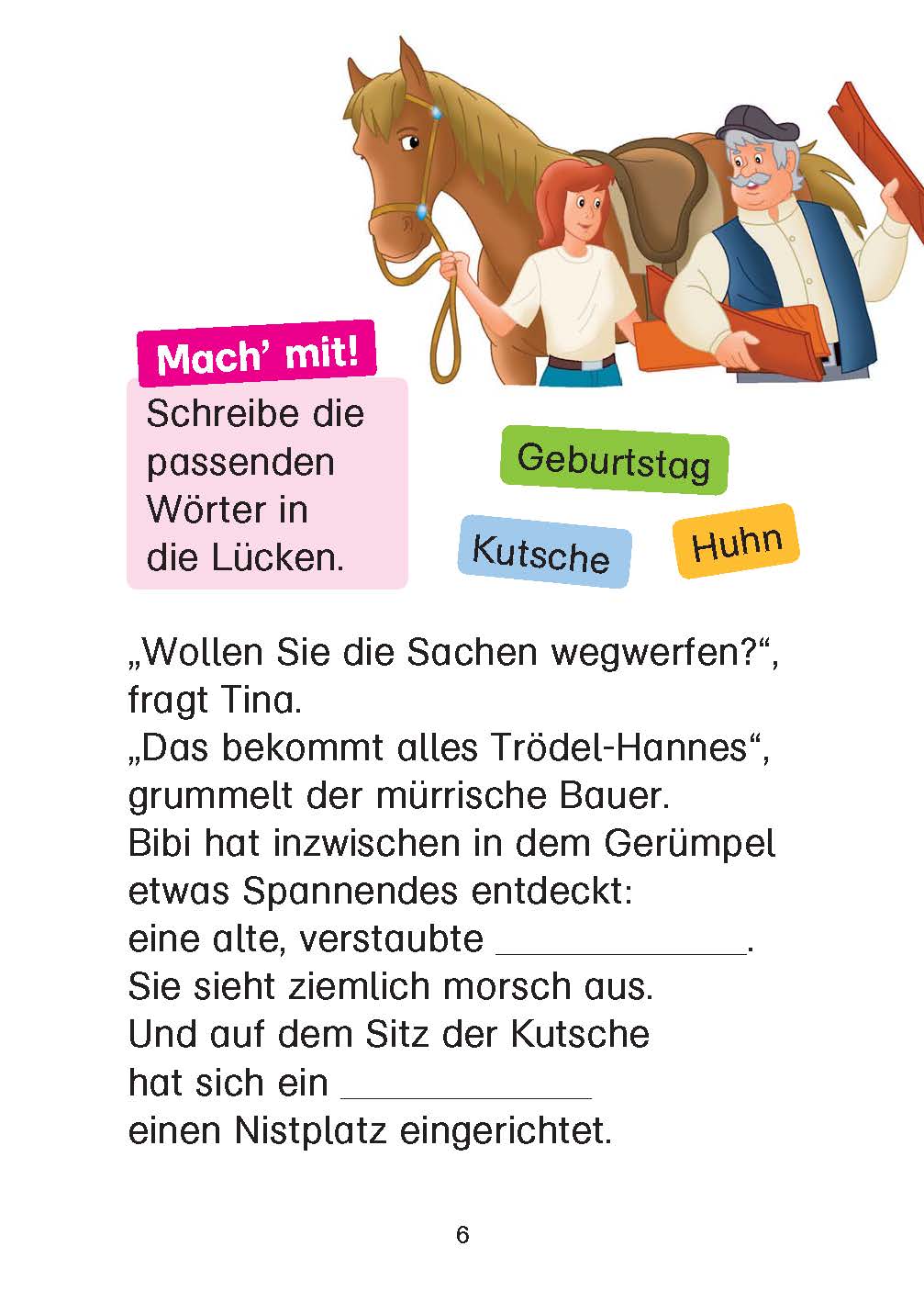 Eine Seite mit Übungen zum Ausfüllen von Lückentexten, Kästchen mit Antwortwörtern und einer Illustration eines Pferdes, eines jungen Mädchens und eines älteren Mannes mit einem Federhut.