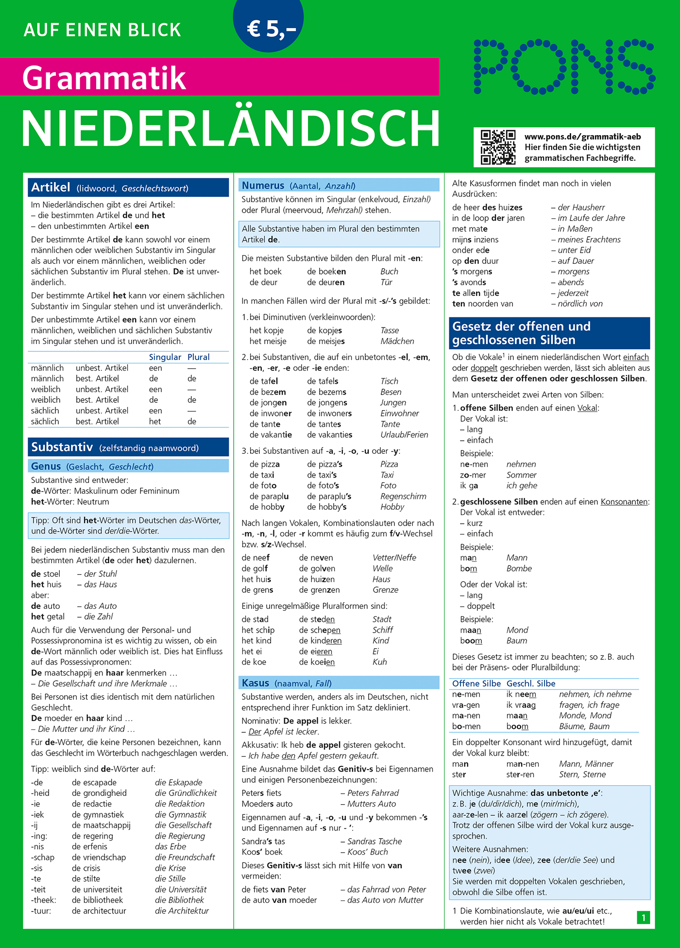 PONS Grammatik auf einen Blick Niederländisch Eine Referenztabelle mit dem Titel PONS Niederländisch Grammatik zeigt die Regeln der niederländischen Grammatik, einschließlich Artikel, Substantive, Zahlen, Plural und Ausspracheregeln auf Deutsch.
