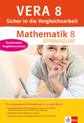 VERA 8 - Sicher in die Vergleichsarbeit - Mathematik Gymnasium Buchumschlag mit dem Titel VERA 8 Sicher in die Vergleichsarbeit Mathematik 8 Gymnasium mit einer lächelnden Schülerin beim Schreiben und einem Informationstext auf Deutsch.