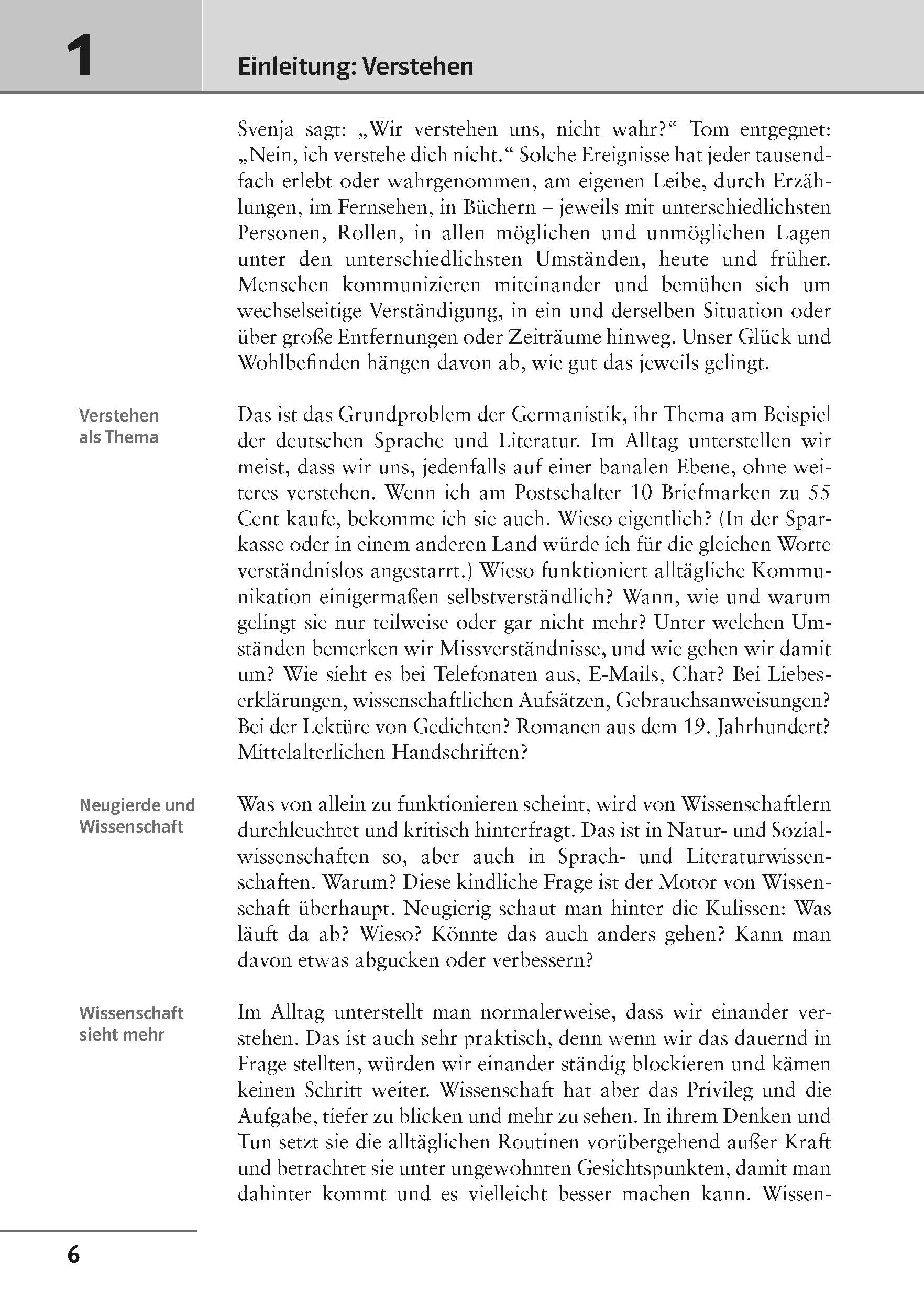Eine Seite aus einem deutschen Lehrbuch mit dem Titel Einleitung: Verstehen, Textspalten, Abschnittsüberschriften und einer schattierten Seitenleiste mit der Aufschrift Verstehen als Thema auf der linken Seite.