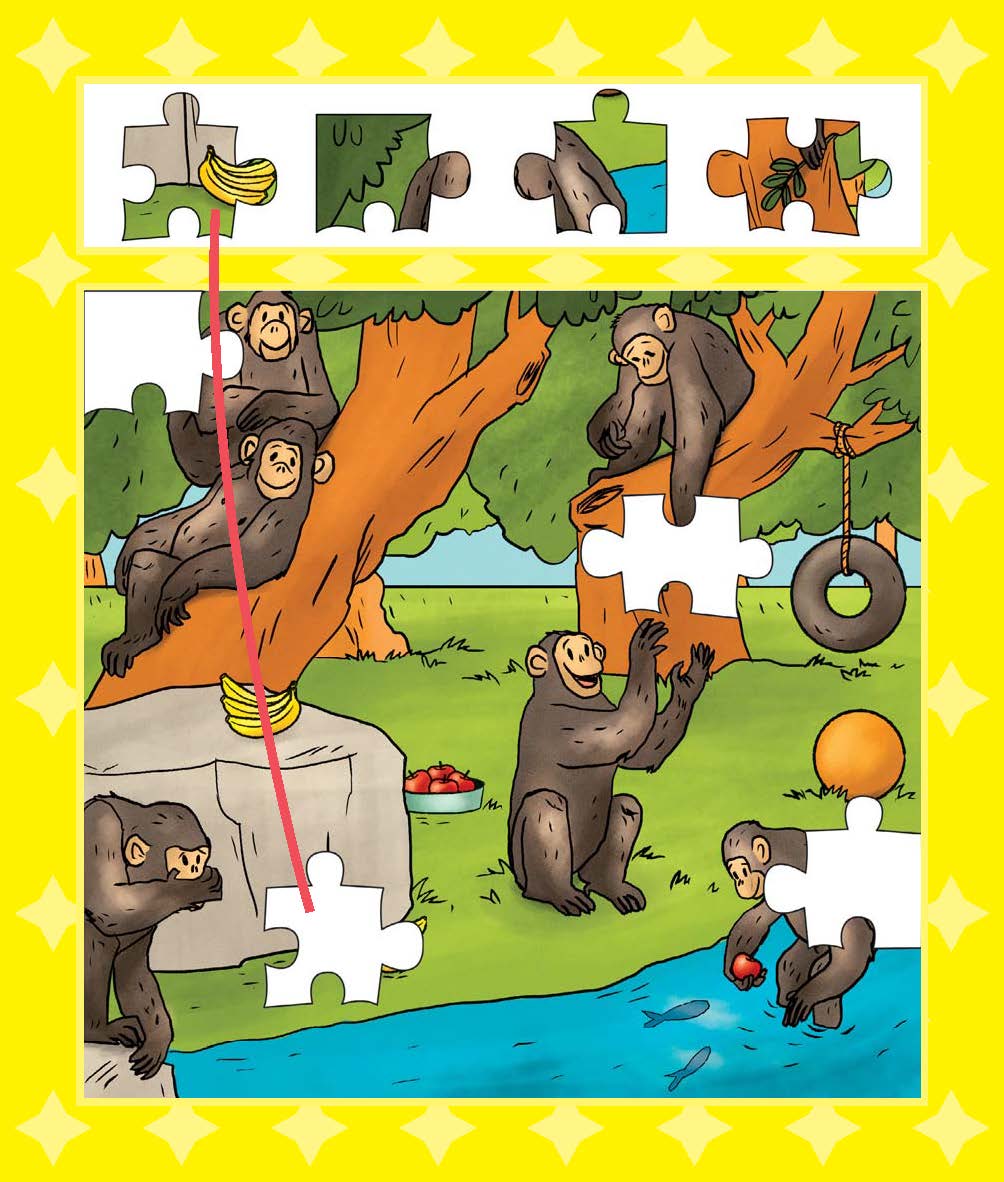 Illustration von fünf Schimpansen in einem Park, von denen einige Puzzleteile in der Hand halten, mit einem Bananen-Puzzleteil, das in der Nähe eines Schimpansen auf einem Felsen liegt.
