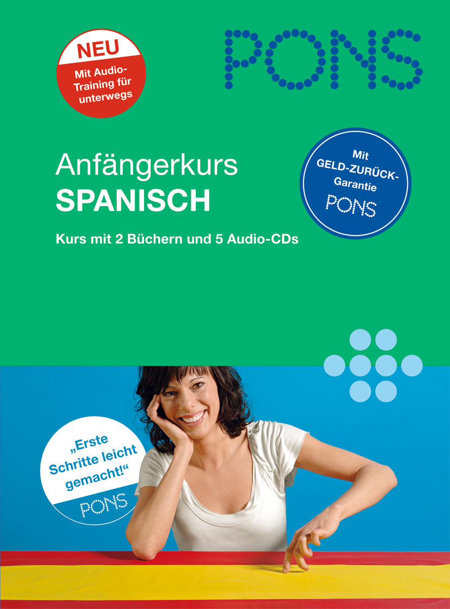 Umschlag eines Buchsets für einen Deutsch-Spanisch-Anfängerkurs, das eine lächelnde Frau an einem Schreibtisch zeigt, mit Text, der die enthaltenen Bücher, Audio-CDs und Sonderangebote hervorhebt.