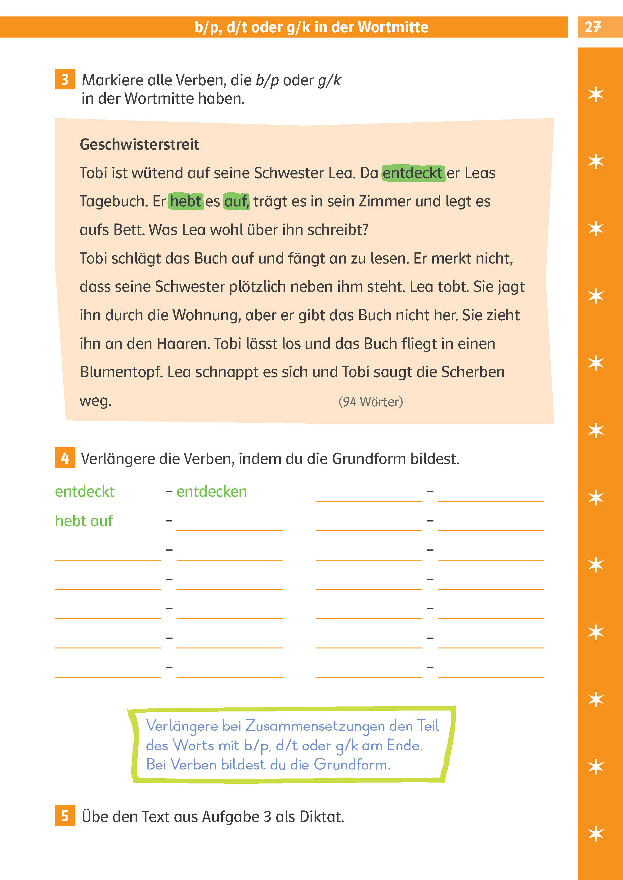 Eine deutsche Arbeitsbuchseite mit Übungen zu Verbformen und Wortendungen, mit einer kurzen Geschichte über Tobi und das Tagebuch seiner Schwester und mit Aufgaben zum Ausfüllen der Lücken.