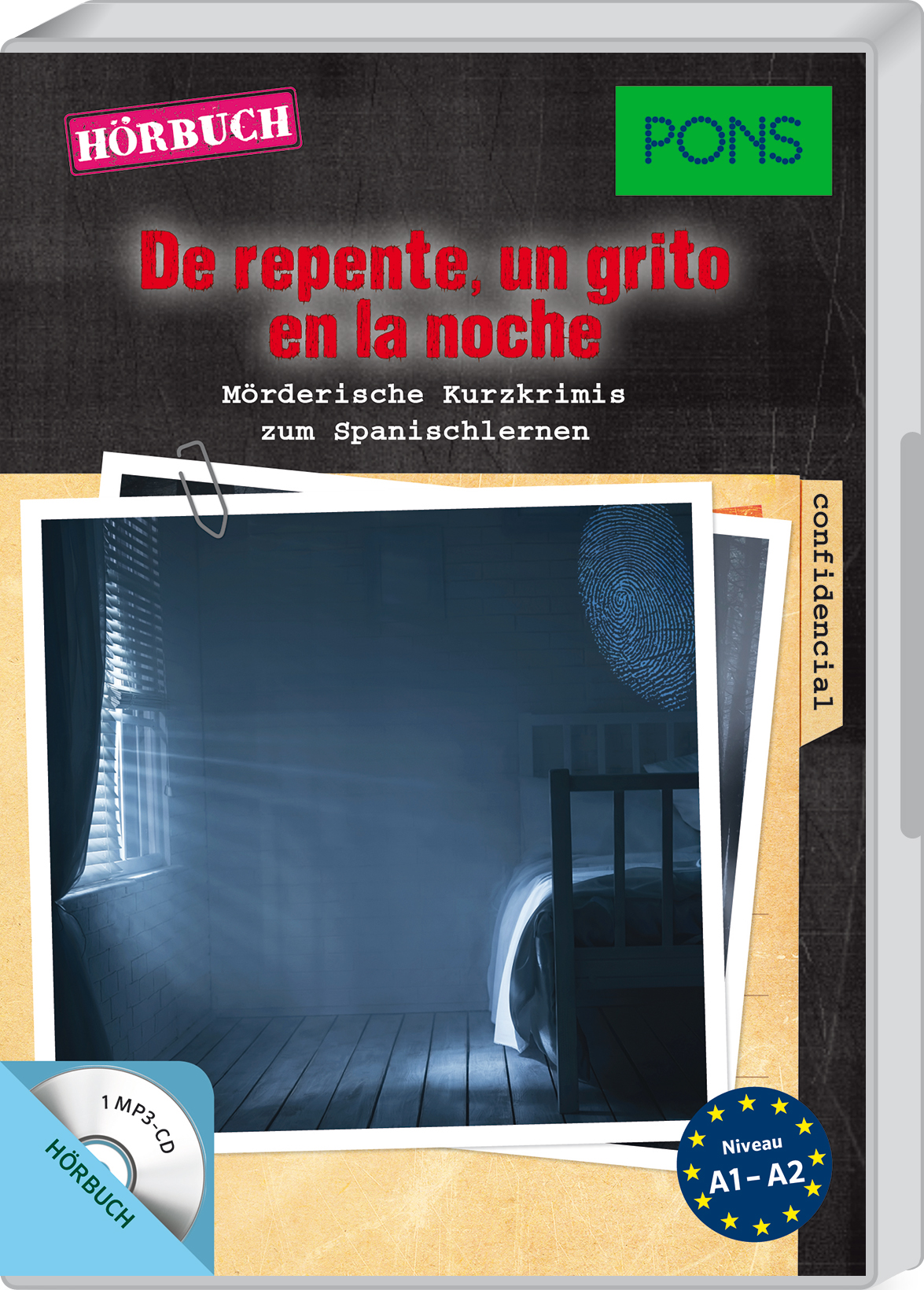 Das Buchcover zeigt ein schwach beleuchtetes Zimmer mit einem Bett und einem Fenster, das Schatten wirft, mit spanischem und deutschem Text zu einem spanischsprachigen Krimi-Hörbuch.