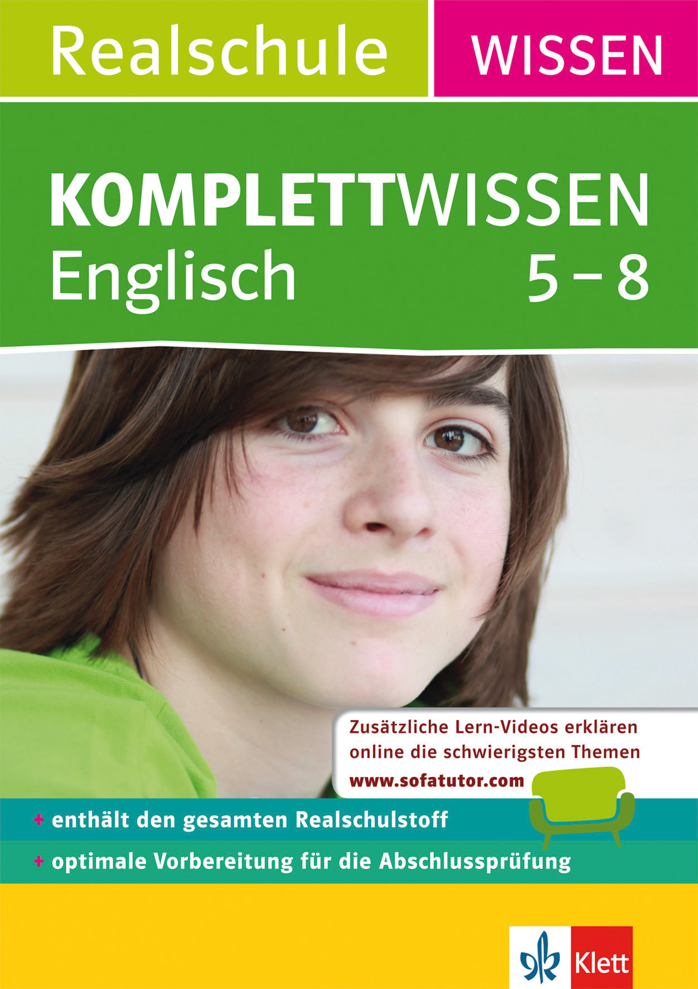 Das Cover des Lehrbuchs für die Realschule Wissen Komplettwissen Englisch 5-8 zeigt eine lächelnde Schülerin mit einem Informationstext über Lernvideos, Lerninhalte und Prüfungsvorbereitung.