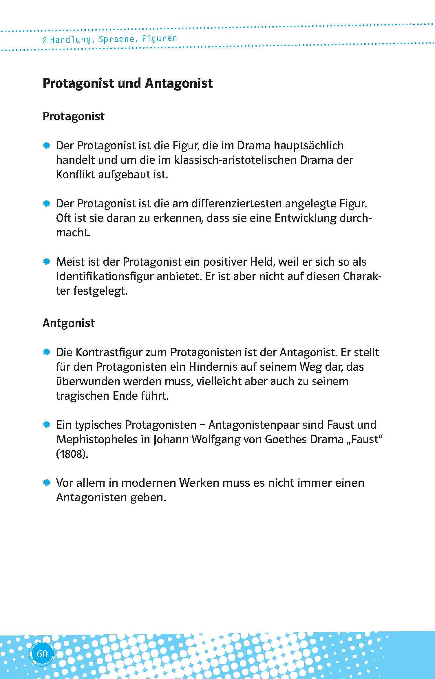 Auf einer Seite im Deutschlehrbuch werden die Rollen von Protagonist und Antagonist im Drama erklärt, wobei die einzelnen Begriffe in Aufzählungspunkten und fettgedruckten Überschriften dargestellt werden.