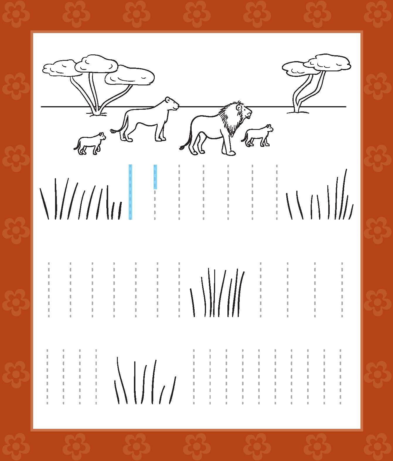 Schwarz-weißes Arbeitsblatt mit einem Löwen, einer Löwin und zwei Jungen, die auf einer Wiese mit Bäumen im Hintergrund spazieren gehen, und Pauselinien, mit denen die Kinder ihre Schreibfähigkeiten üben können.