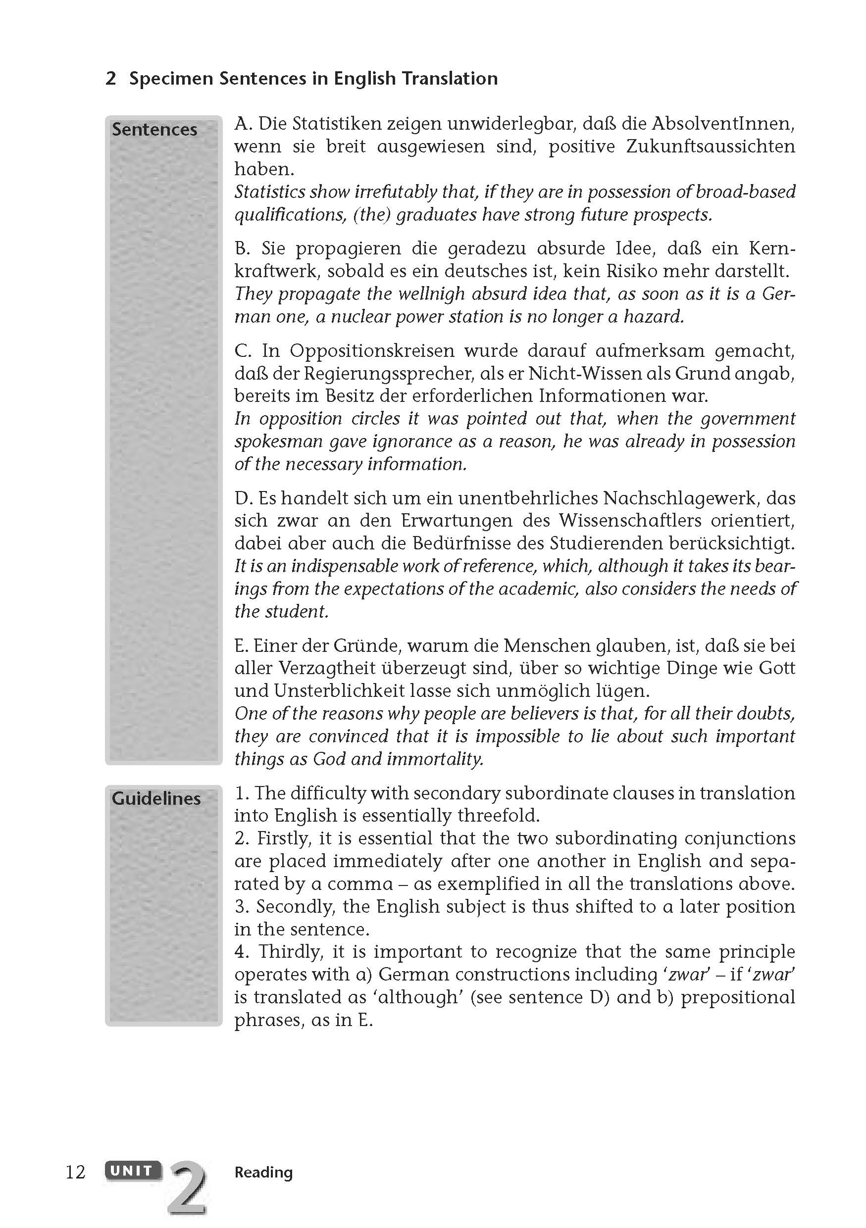 Eine Lehrbuchseite zeigt Beispiele für englische Satzübersetzungen aus dem Deutschen, die sich auf den Ausdruck von Fakten und Wahrscheinlichkeiten konzentrieren, mit nummerierten Abschnitten und hervorgehobenem Text.