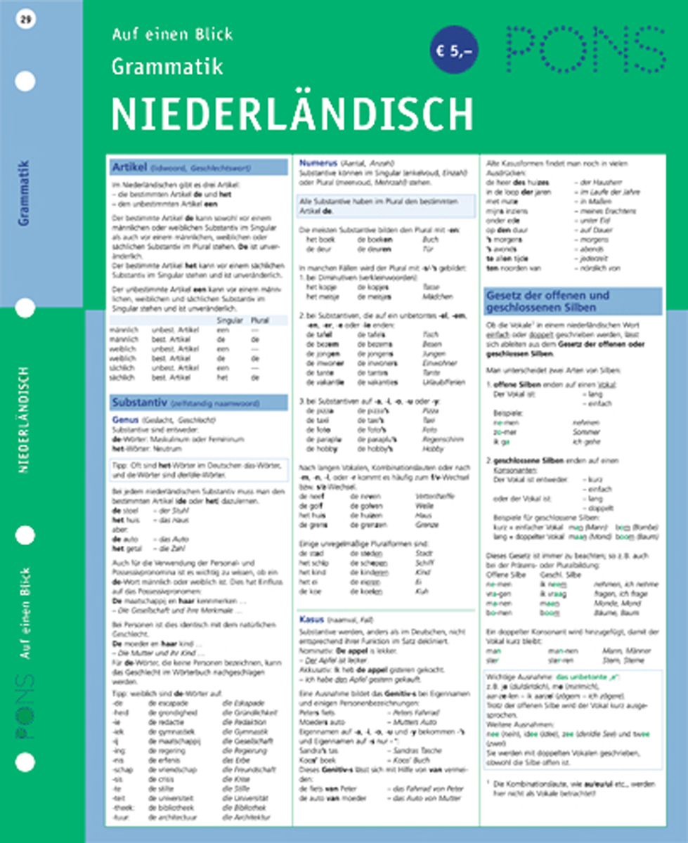 PONS Grammatik Niederländisch auf einen Blick Eine deutschsprachige Referenztabelle, die die Regeln der niederländischen Grammatik, einschließlich Artikel, Substantive, Fälle und Aussprachetipps, in einem strukturierten, tabellarischen Format darstellt.