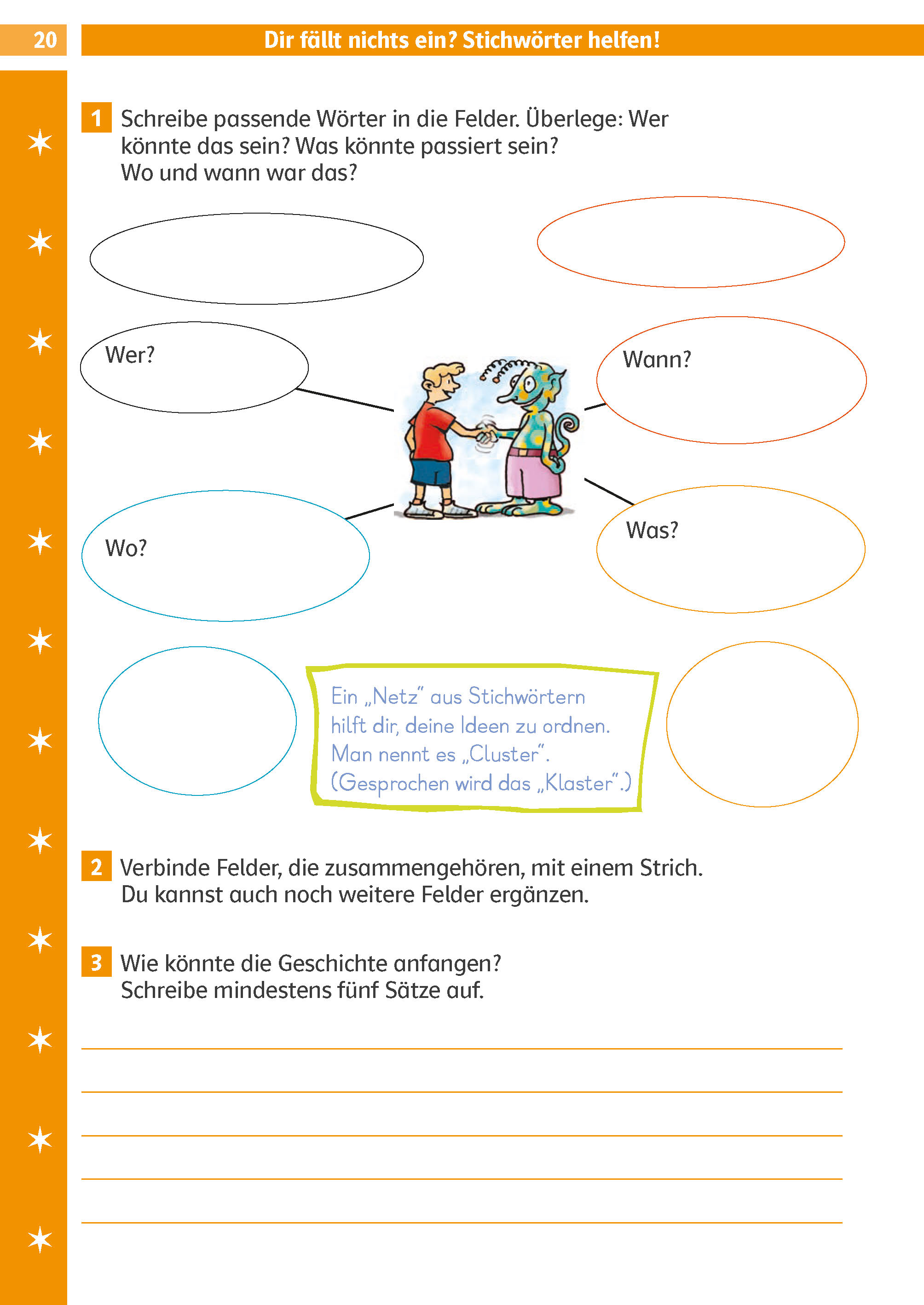 Ein deutschsprachiges Arbeitsblatt mit einer Karikatur eines Jungen und eines Mädchens, mit Leerzeilen für Antworten über das Geschehen und damit verbundene Fragen. Textfelder und Anweisungen sind enthalten.