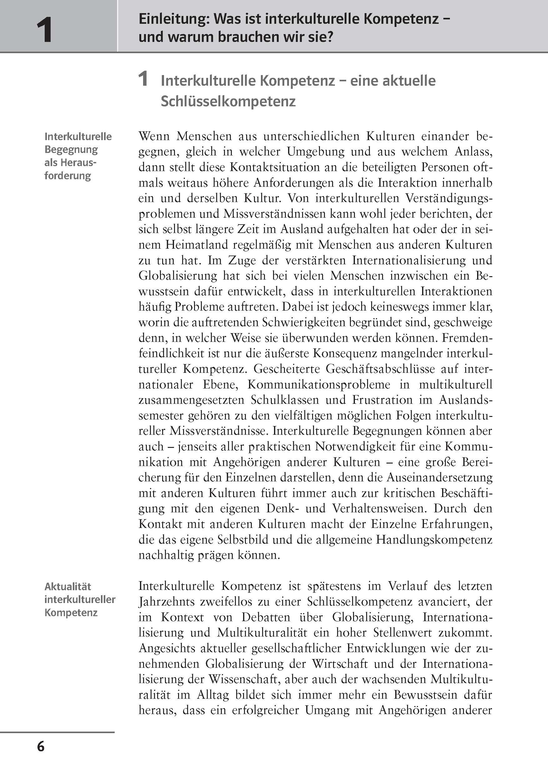 Eine Seite aus einem deutschen Buch befasst sich mit interkultureller Kompetenz, ihrer Bedeutung und den Herausforderungen, die sich bei der Interaktion zwischen Menschen aus unterschiedlichen Kulturen stellen.
