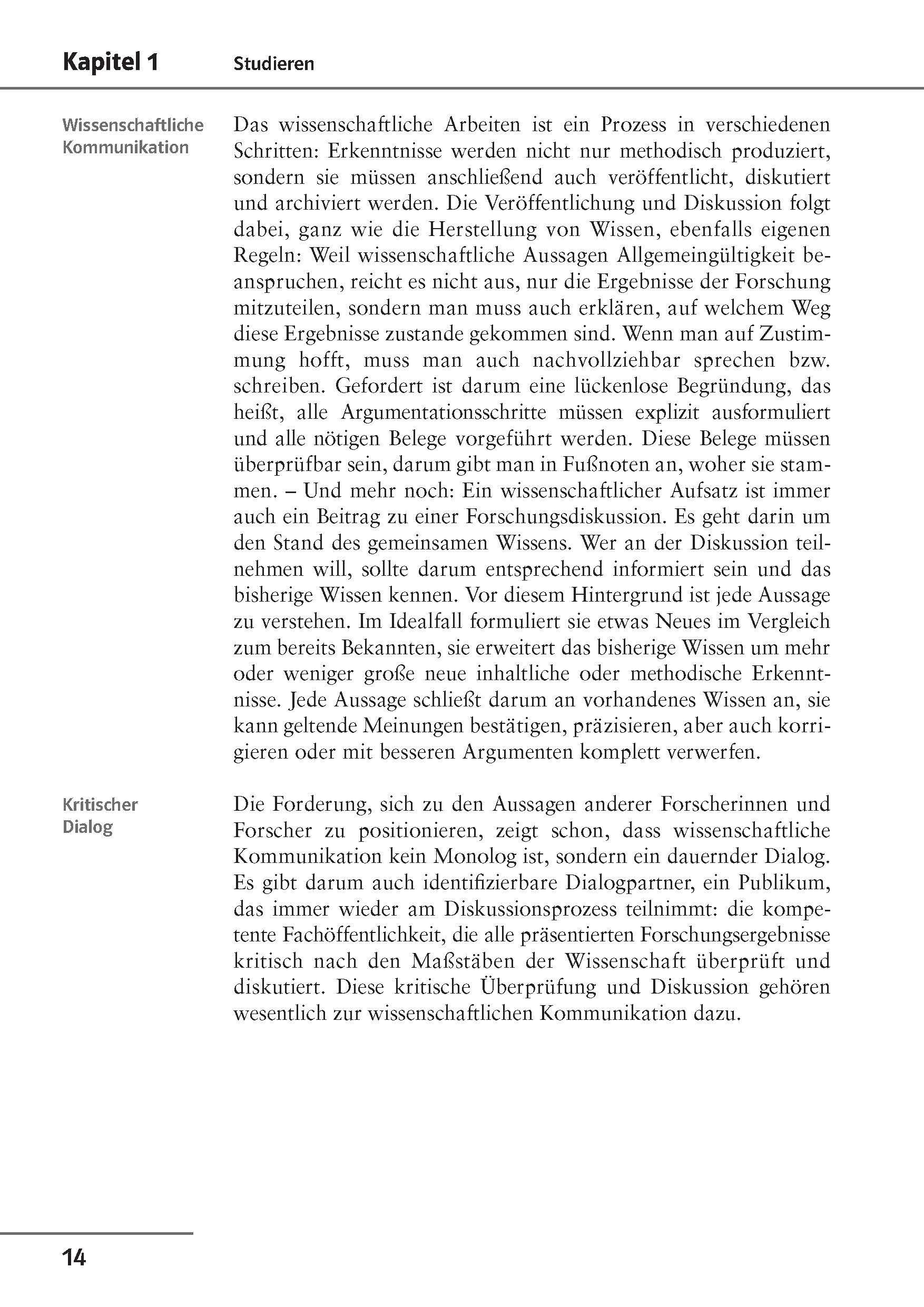 Eine Lehrbuchseite auf Deutsch mit dem Titel Kapitel 1 Studieren mit Abschnitten über Wissenschaftliche Kommunikation und Kritischer. Der Text befasst sich mit akademischer Arbeit und wissenschaftlicher Kommunikation.