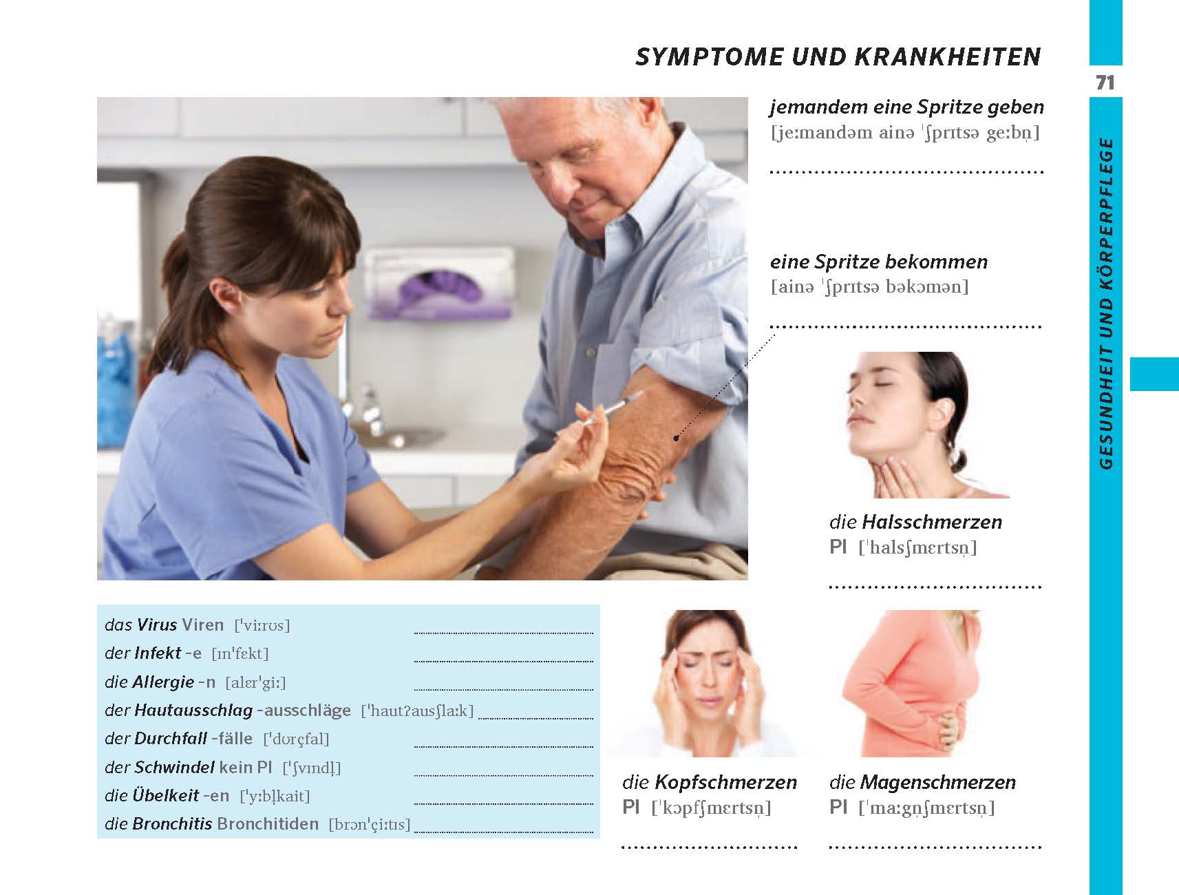 Eine Krankenschwester gibt einem älteren Mann eine Injektion in den Arm, während andere Bilder eine Frau mit Kopfschmerzen und eine andere mit Bauchschmerzen zeigen. Deutsche Wörter für Symptome und Krankheiten sind aufgelistet.