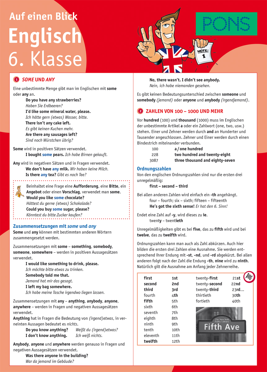 PONS Englisch 6. Klasse auf einen Blick Das deutschsprachige Lernblatt für die 6. Klasse Englisch behandelt den Gebrauch von some/any, die Zahlen 100-1000 und darüber hinaus, Ordnungszahlen und enthält Illustrationen und Vokabelerklärungen.