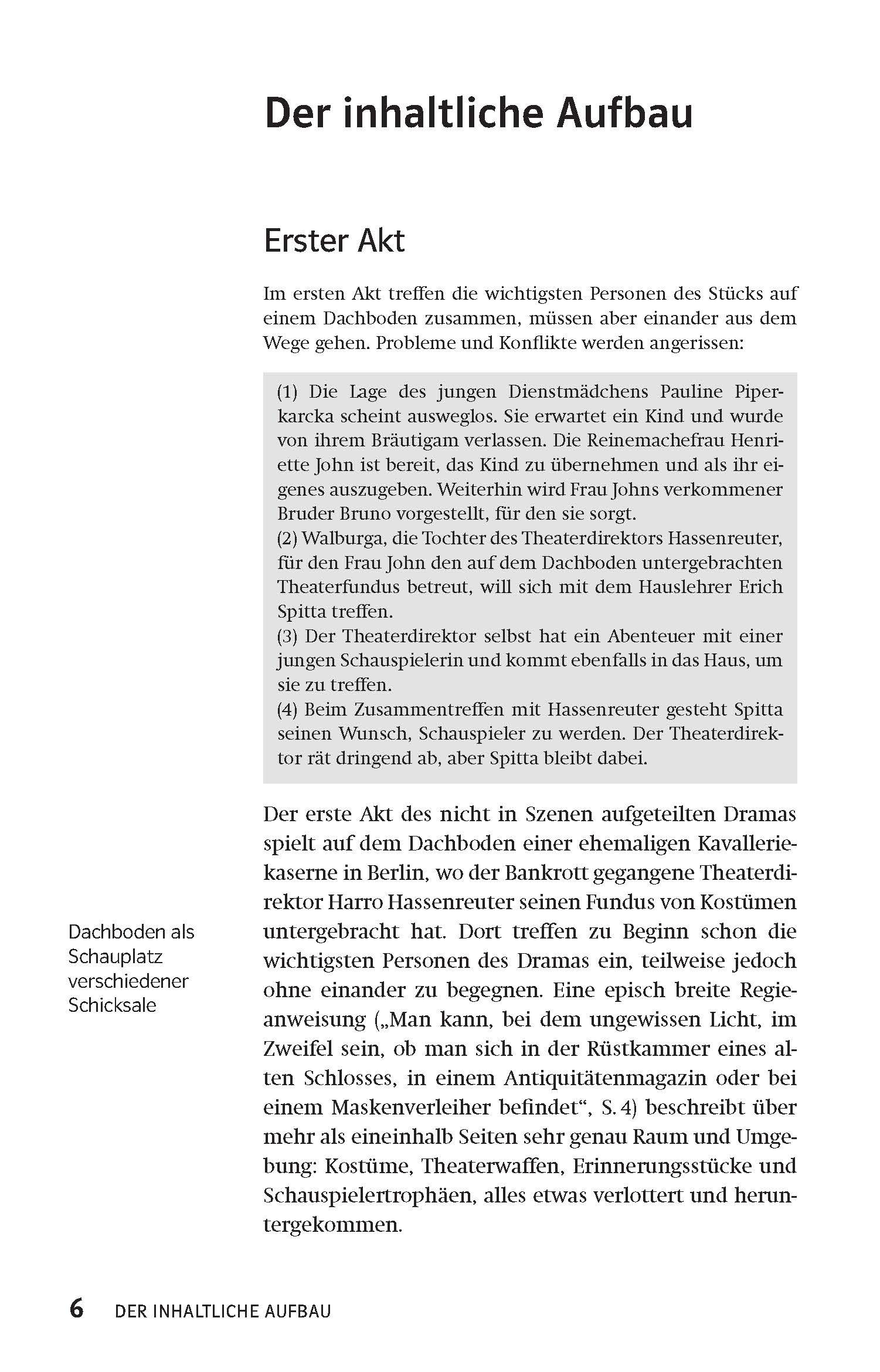 Eine Seite aus einem deutschen Buch umreißt den ersten Akt eines Theaterstücks, beschreibt die Hauptfiguren und fasst ihre Situationen und Konflikte in einer nummerierten Liste zusammen.