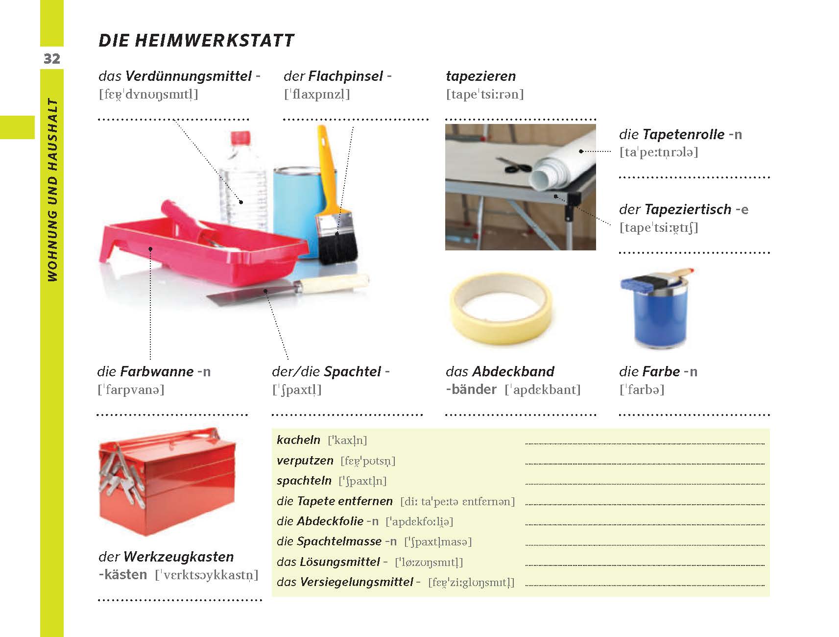 Auf einem Tisch sind verschiedene Werkzeuge und Materialien für Heimwerkerarbeiten ausgestellt, darunter ein Werkzeugkasten, eine Farbwanne, Pinsel, Rollen, Spachtel, Abdeckband und Dosen.